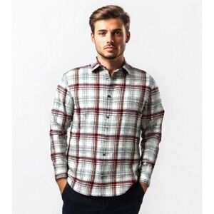 UnTuckIt Button Down Plaid Mens Large Spotteswoode Slim Fit Red Gray Cotton EUC